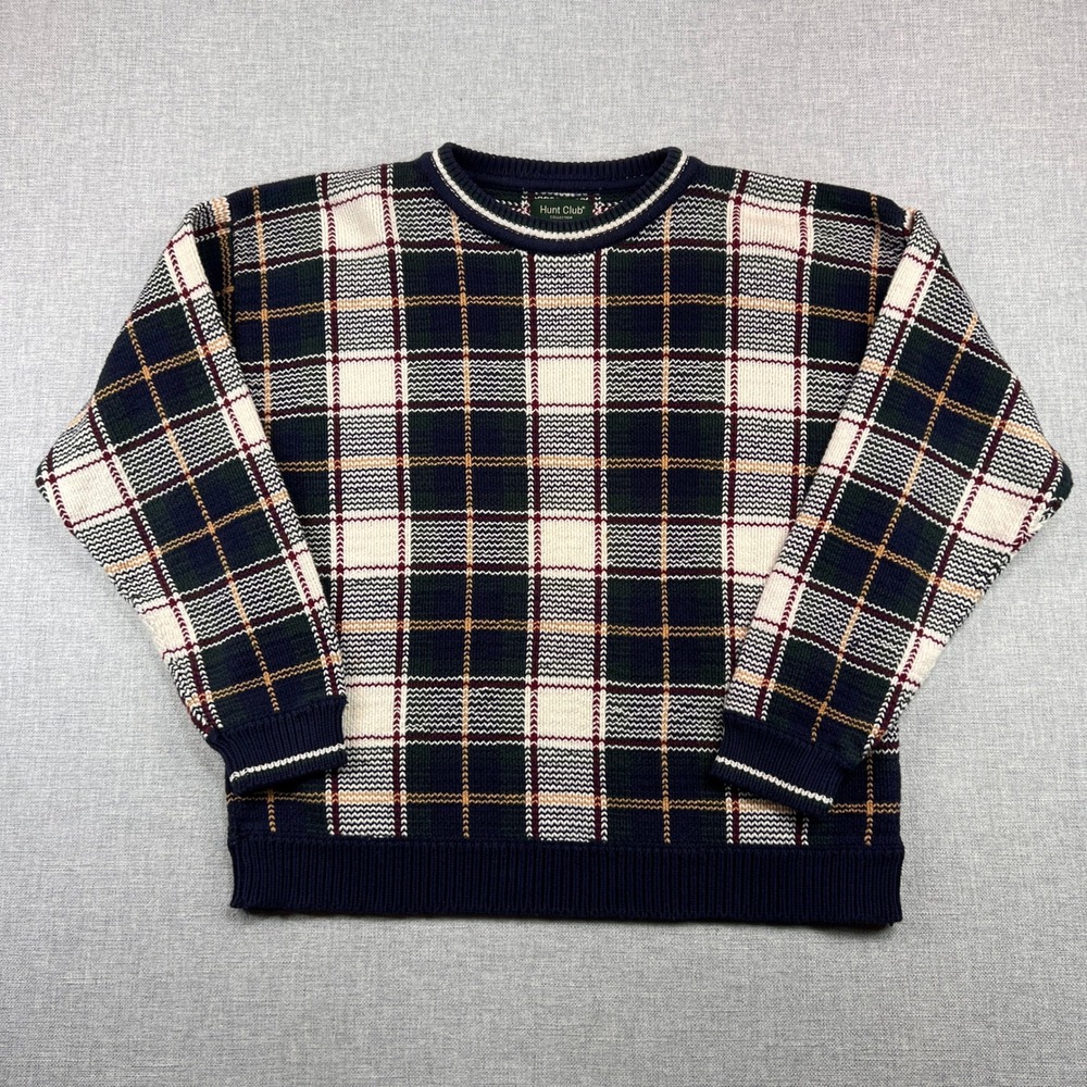 VTG‎ 90s Hunt Club Plaid Knit Sweater Men L Cotton Navy Green Prep Ivy Heritage